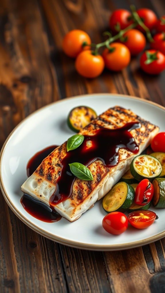 Balsamic glazed sea bass fillet with roasted vegetables on a rustic wooden table.